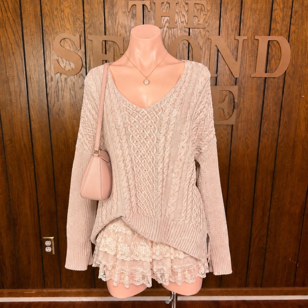 Pink Cable Knit V-Neck Sweater By Together Women S/M Preppy Cottagecore Coquette